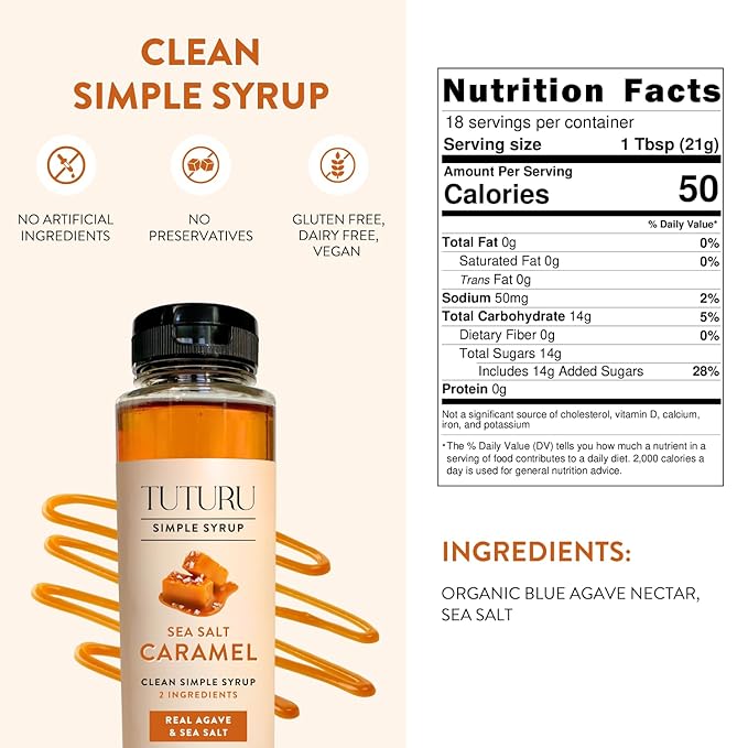 Caramel Agave Simple Syrup for Coffee & Cocktails - Sweetened with Organic Agave Nectar - Infused with Real Sea Salt - 13.5 oz