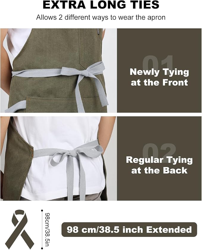 Chef Apron w/Pockets, Adjustable Strap for Cooking & Gardening | Equipped with 3 Large Multi-use Pockets, Wear-Resistant Fabric, Easy Clean, Ideal for BBQ Baking Craft for Men Women - Image 3