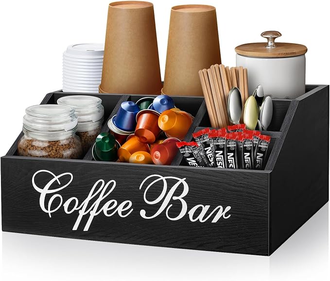 Coffee Station Organizer Pods Holder for Counter, Farmhouse Wood Coffee Bar Accessories and Tea Condiment Basket Storage Organizer Decor by MISTOD