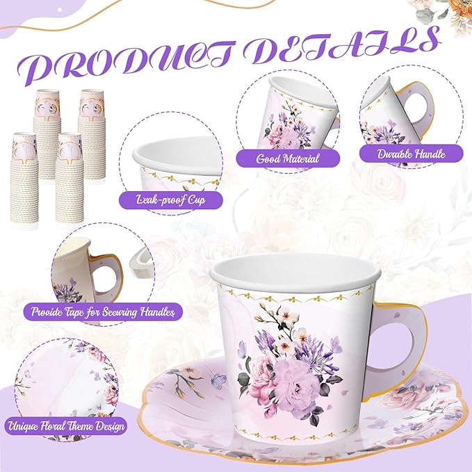 Umigy Tea Party Decorations 6.5oz Floral Paper Tea Cups with Handle and Plates Disposable Blossom Teacups and Saucers Sets with Tape for Hot Cold Drink Birthday (Elegant Style,36 Sets)