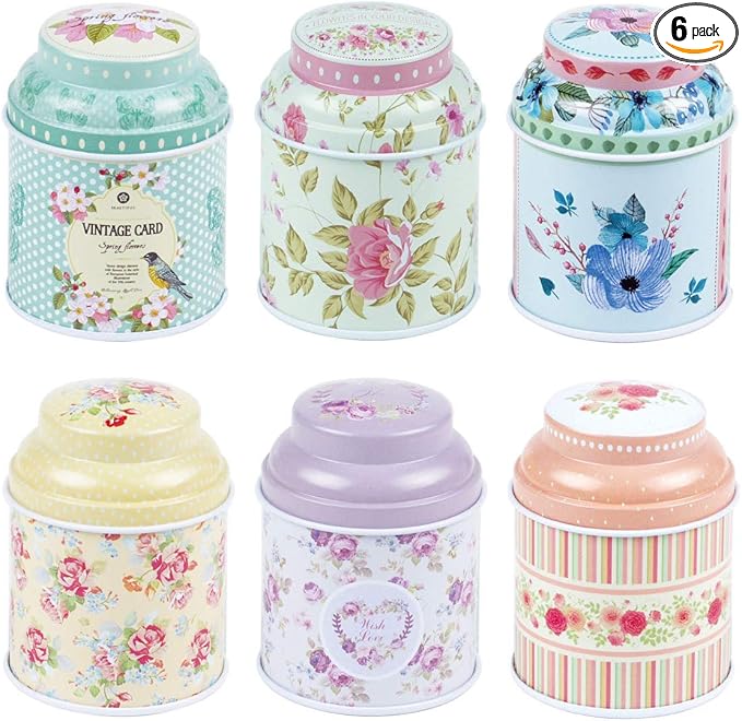 TooGet Elegant Metal Tinplate Empty Tins, Shabby Chic Mini-boxes for DIY Candles, Dry Storage, Spices, Tea, Candy, Party Favors, and Gifts (Cylinder 6-Pack)