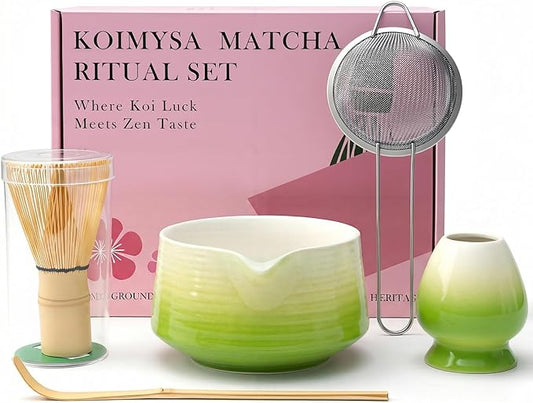 Matcha Set, Japanese Matcha Kit with Ceramic Bowl & Holder, Bamboo Whisk & Scoop, Stainless Steel Sifter, Complete Matcha Accessories Set for Traditional Tea Ceremony, Home & Gift,Green