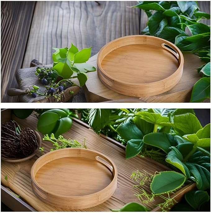 RHBLME 2 Pack Round Wood Tray - 12 Inch & 14 Inch, Handles, Decorative Ottoman Bamboo Serve Tray for Food, Cocktail, Drink