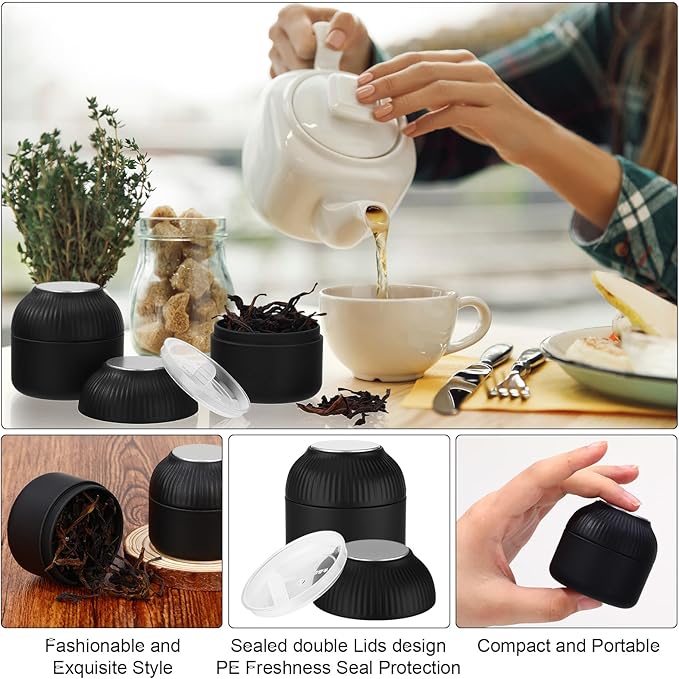 20 Pcs Mini Tea Tin Canister with Airtight Double Lids 2.5 oz Bulk Small Round Metal Tinplate Tea Tin Can Tiny Kitchen Containers for Loose Teas Spices Coffee Herb Sugar Candy (Black)