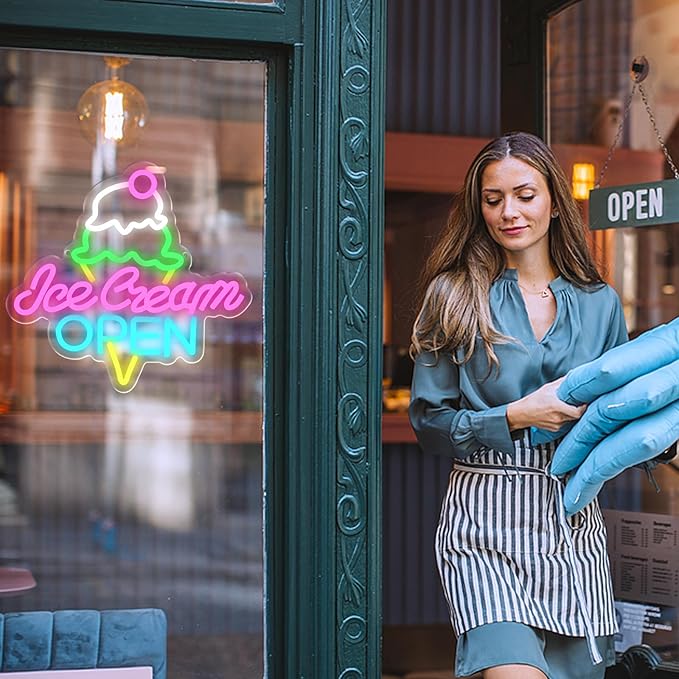Ice Cream Open Neon Sign Led Neon Light for Wall Decor, USB Dimmable Ice Cream Open Wall Decor Sign for Business Store Dessert Shop Bar Party Cafe