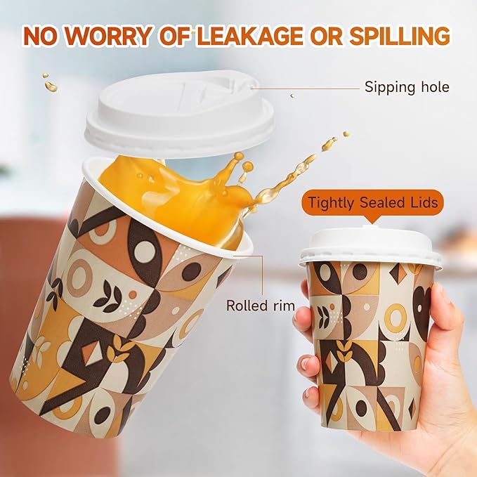 Tamone 100 Pack 12 oz Paper Coffee Cups, Disposable Coffee Cups with Lids, Paper Cups for Cold/Hot Drinking Coffee, Water, Juice or Tea, Suitable for Home, Restaurant, Store and Cafe