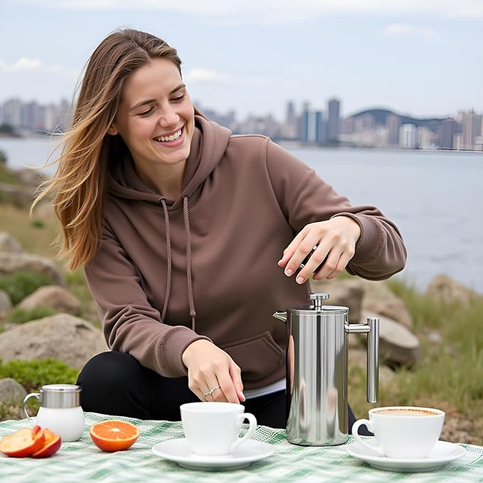 34oz Stainless Steel French Press Coffee Maker, Double Wall Insulated Thermal Coffee Press for Camping & Home, Plastic-Free with No Drip Spout & Multi-Layer Filter, 1 Liter