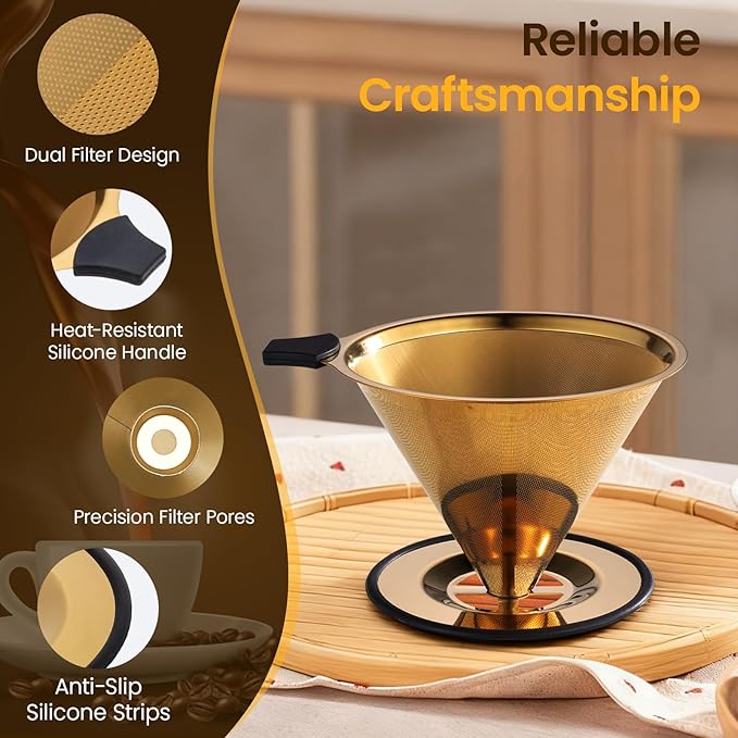【2.0 Upgraded】 Pour Over Coffee Dripper – Paperless Reusable Stainless Steel Double-Mesh Cone Filter, Single Cup Pour Over Coffee Maker for Perfect Extraction (1–6 Cup)
