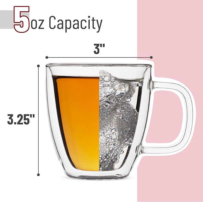 BTaT- Double Walled Espresso Cups, 5 oz, Set of 4, Clear Coffee Mugs, Double Wall Insulated Espresso Cups, Small Coffee Mugs for Tea, Lattes, Macchiatos, Hot & Cold Beverages, Microwave Safe