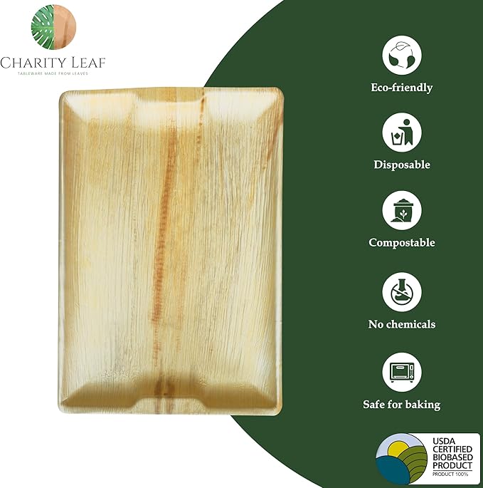 Charity Leaf Disposable Palm Leaf 17" x 12" Rectangle Trays (50 Pieces) Bamboo Like Serving Platters, Disposable Boards, Eco-Friendly Dinnerware for Weddings, Catering, Events