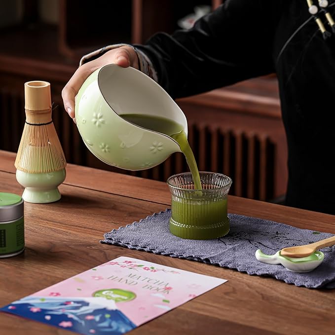 Clay&Fire Matcha Whisk Set, 9 pcs Ceramic Matcha Set, Gifts for Women,Matcha Bowl with Spout and Whisk, Matcha Kit for Matcha Lovers, Ideal Gift Christmas, Birthday, Anniversary (Cherry Bloom-Green)