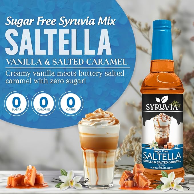 Syruvia Sugar Free Coffee Syrup, SALTELLA Syrup, Vanilla Salted Caramel Flavored Syrup for Drinks, Lattes, and Desserts – 25.4 fl oz, With Pump - Image 3