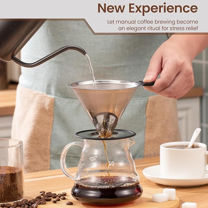 【2.0 Upgraded】Pour Over Coffee Dripper, Stainless Steel Reusable Coffee Filter with Non-Slip Base & Handle, Paperless Coffee Maker (silver)