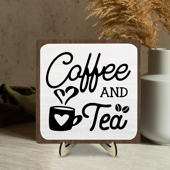 Coffee Bar Sign Plaque, Coffee Signs for Coffee Station, Vintage Coffee Sign Decor for Kitchen, Coffee Bar Accessories, Coffee Themed Gifts, Farmhouse Cafe Sign,Coffee & Tea Bar Decor Signs (White&Brown, 5.9x5.9inches)