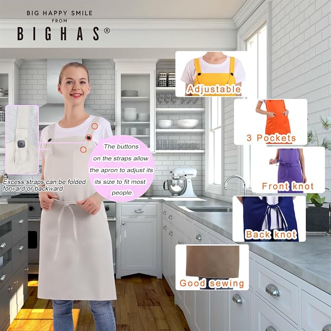 BIGHAS H Back Style Apron with Pocket for Women, Men Adjustable Large Size Comfortable, Kitchen, Home, Cooking 12 Colors - Image 5