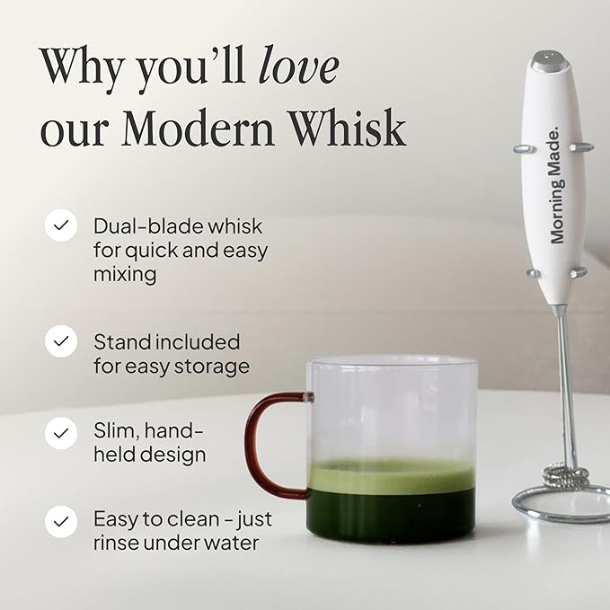 Electric Matcha Whisk - Matcha Frother Alternative to Traditional Bamboo Whisk - Battery Operated Milk Frother Wand with Protective Stand - Achieve Creamy Froth, Dual Blade, Easy to Clean