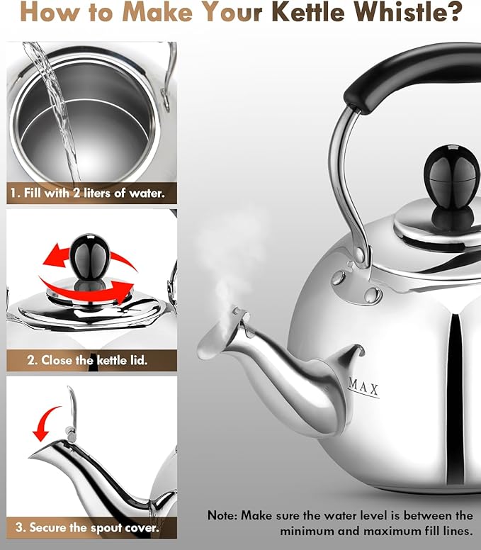 Stovetop Tea Kettle - 2.0 Quart Round Tea Pot for Stovetop, Whistle Alert, Mirror Polished Classic Water Kettle, Food Grade Material Teapot for Stove Top, Compatible with Gas & Electric Coil Stovetop