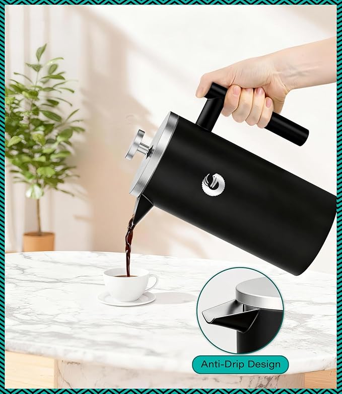 Coffee Gator 304 Grade Stainless Steel French Press Coffee Maker 34 oz, Double Wall Insulated Hot Cold Brew Teapot with 4-Level Filtration System, Include Travel Jar Canister, Rust-Free, Travel, Black