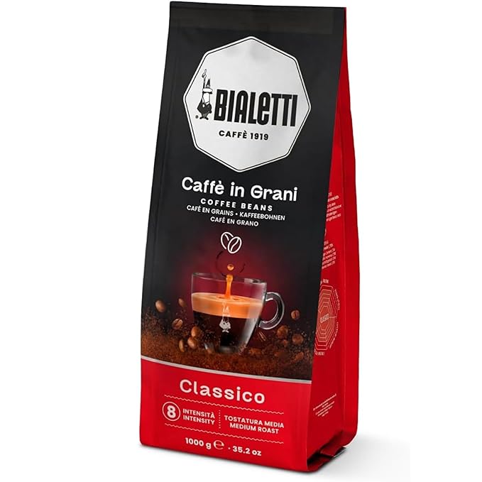 Bialetti Classico Coffee Beans, 1000g Bag - Medium Roast Intensity 8, 50% Arabica 50% Robusta Whole Bean Blend - Sweet Floral & Dried Fruit Notes For Espresso, Cappuccino & Latte Machines & Moka Pots