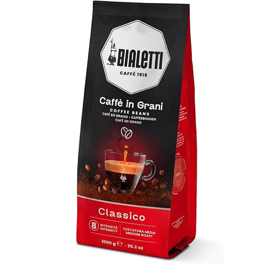Bialetti Classico Coffee Beans, 1000g Bag - Medium Roast Intensity 8, 50% Arabica 50% Robusta Whole Bean Blend - Sweet Floral & Dried Fruit Notes For Espresso, Cappuccino & Latte Machines & Moka Pots