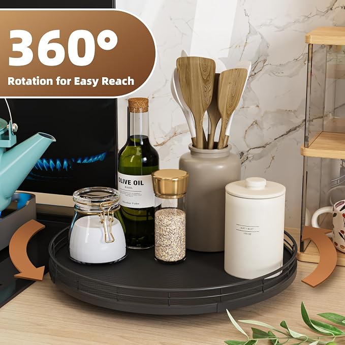 13" Lazy Susan Turntable Organizer for Table Top, Round Wooden Lazy Susan for Cabinet Kitchen Decor Centerpieces Coffee Table, Storage Condiments Spices, Bathroom Vanity Tray for Soap, Black - Image 3