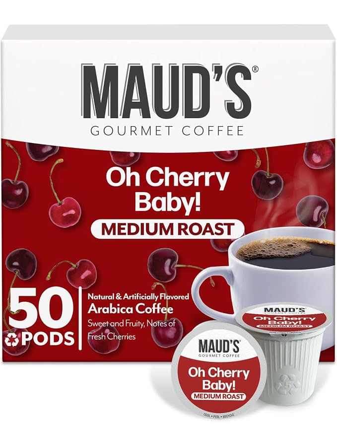 Maud's Cherry Flavored Coffee Pods, 50 ct, Medium Roast Flavored Coffee in Recyclable Single Serve Pods – 100% Arabica Beans, Compatible with Keurig K Cups Maker by MAUDSCOFFEETEA