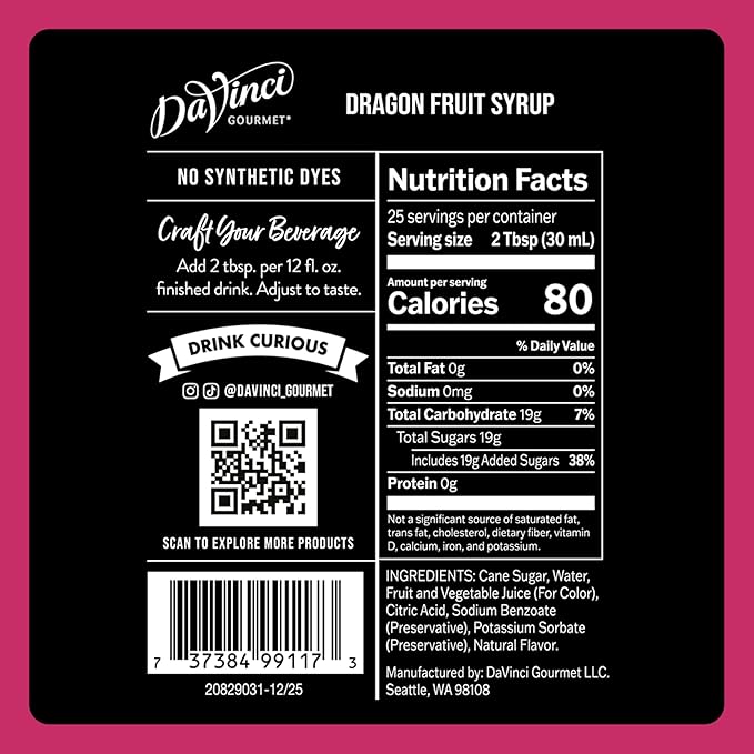 DaVinci Gourmet Dragon Fruit Syrup, 25.4 Fluid Ounces (Pack of 1)