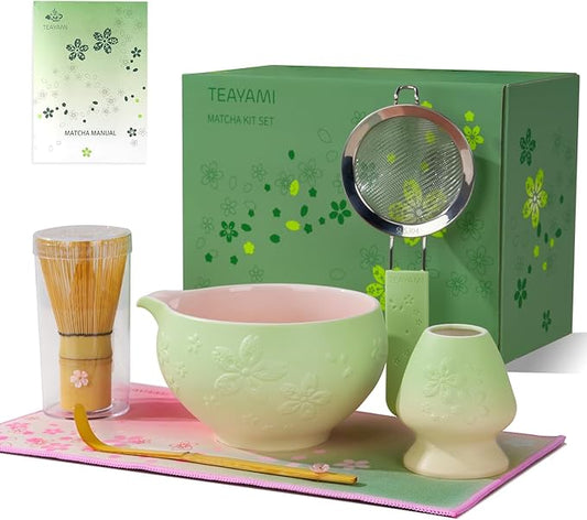 Matcha Whisk Set, 6pcs Matcha Set Includes Matcha Bowl, Bamboo Whisk & Scoop with Cute Charm, Chasen Holder, Innovative Sifter, Tea Mat for Japanese Tea Ceremony, Pale Green