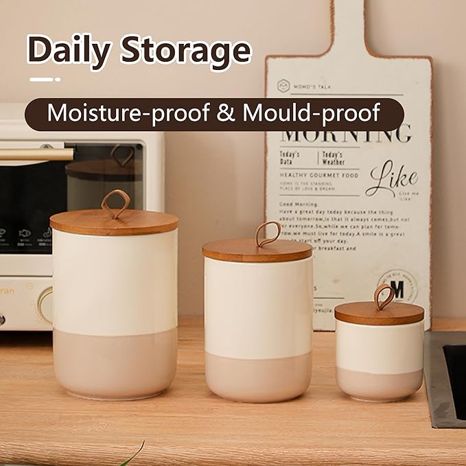 Simcat Airtight Food Storage Containers Kitchen Canisters with Wood Lids Storage Jars for Coffee, Sugar, Tea, Flour, Spice (Middle Size with Belt-27oz)
