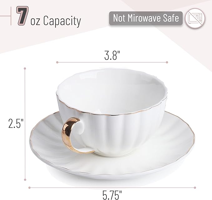 BTaT- Cappuccino Cups with Saucers 7 oz, Set of 12, White Porcelain Coffee Cup and Saucer Set for Latte with Golden Trim Design, Dishwasher Safe, Mocha, Tea, Au Lait, Flat White