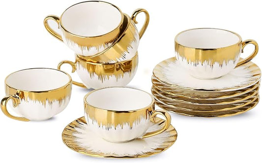 LETAOTAO Espresso Cups and Saucers, 2.5 oz Porcelain Espresso Cups Set of 6, Ceramic Coffee Cups with Gold Trim, Espresso Mugs, Mini Demitasse Cups with Handle for Single Espresso, White