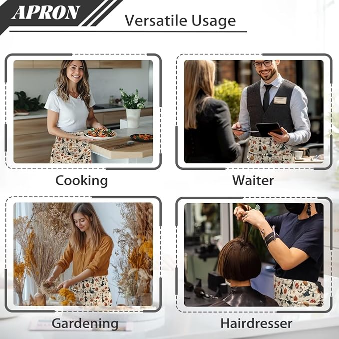 Waist Apron with 3 Pockets Waterproof 13 Inch Short Half Waist Aprons Women Men Server Aprons Waitress Waiter Apron - Image 5