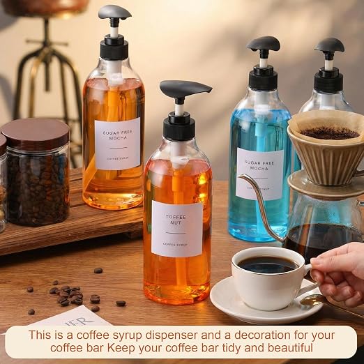 9 Pcs Coffee Syrup Dispenser Set 25.4 Oz/750 ml Plastic Coffee Syrup Dispenser Pump Bottle Pet Jar with Lids Gold Spoon and Labels for Home Bar Organization - Image 3