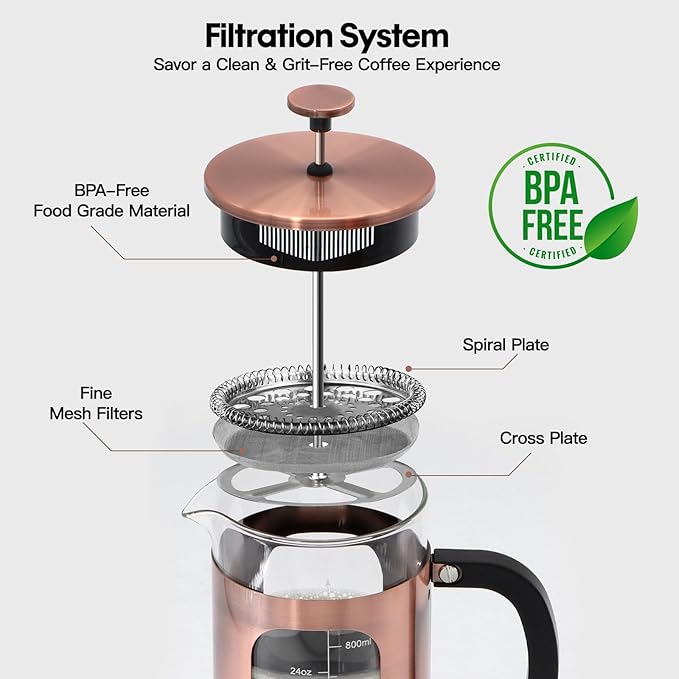 Panana 34 Ounce 1 Liter French Press Coffee Maker, Heat Resistant Borosilicate Glass Coffee Press, Cold Brew Coffee Pot Tea Press for Kitchen, Stainless Steel (Upgraded Stainless Steel Copper)