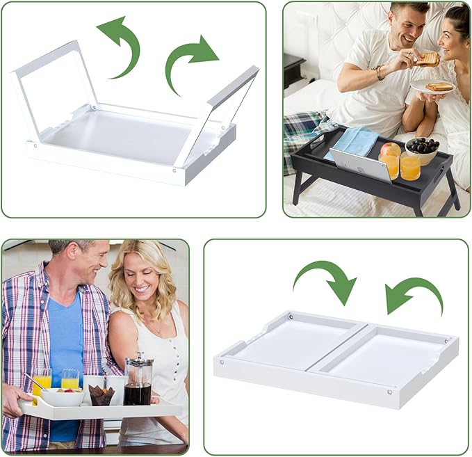 Bamboo Bed Tray Table with Foldable Legs, Breakfast in Bed Tray for Eating, Kitchen Serving Trays, Folding Table for Sofa, Beds, Eating, Working, Used As Laptop Desk Snack Trays, Large White