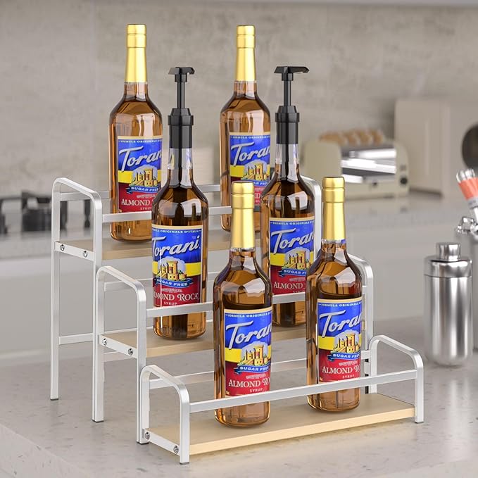 Coffee Syrup Rack,12 Bottle Capacity,3 Tier Coffee Bar Organizer,Kitchen Wine Rack,Coffee Station for Syrup, Wine Stand Shelf,Coffee Bar Accessories (Light Yellow Wood, White)
