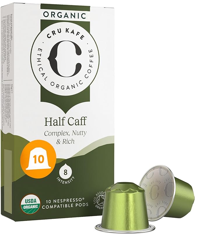 Cru Kafe USDA Organic Half Caff Espresso Coffee Capsules (10 Pods) Fairtrade Coffee Pods Compatible with Nespresso Original Line and Pixie Machines