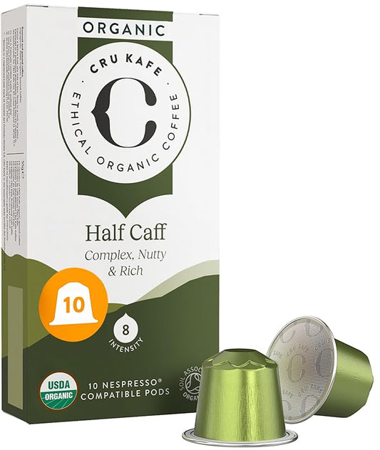 Cru Kafe USDA Organic Half Caff Espresso Coffee Capsules (10 Pods) Fairtrade Coffee Pods Compatible with Nespresso Original Line and Pixie Machines
