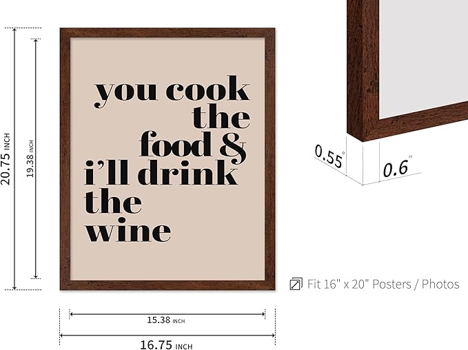 Poster Master Minimalist Poster - Funny Print - You Cook The Food, I'll Drink The Wine, Joke, Humorous, Unique - Gift for Artist, Friend - Wall Decor for Kitchen, Bar, Pub, 16x20 Brown Framed
