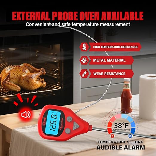 Rechargeable Digital Meat Thermometer with 3.3ft External Probe, Warning Alert, Instant Read Food Thermometer for Cooking Baking Water BBQ Oil Fry, Waterproof IP67, Hold Function, Oven Safe