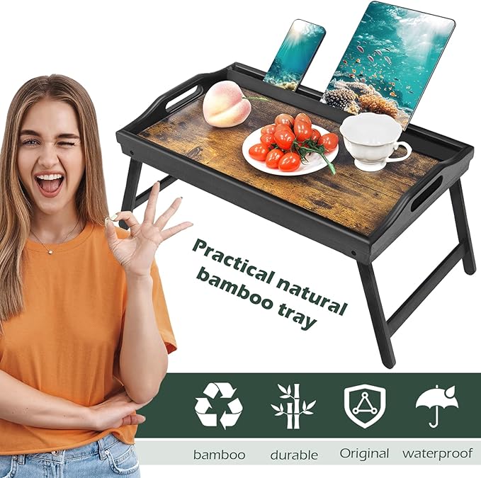 Tray Table for Bed, Bamboo Breakfast Serving Tray with Folding Legs and Handles, Laptop and Snack Bed Table with Cross Bar & Media Slot, Dark Brown with Black Legs, for Bedroom, Sofa, Kitchen