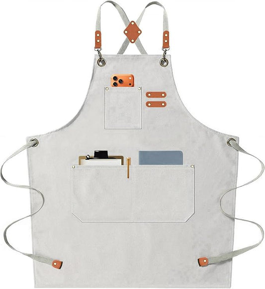AFUN Chef Aprons for Men Women with Oversized Pockets, 16-Ounce Cotton Canvas Cross Back Heavy Duty Work Apron (Beige)