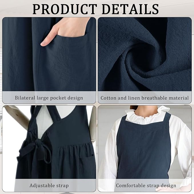 Cotton Linen Cross Back pinafore Apron Dress for Women with Pockets for Cooking Cleaning - Crossback Apron - Blue - with Waist Ties - Image 6