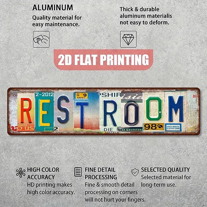 Vintage License Plate RESTROOM Sign – 16x4 Inch Rustic Tin Wall Decor for Bathroom, Guest Toilet, Washroom, Commercial Restroom or Farmhouse Style Spaces - Image 3