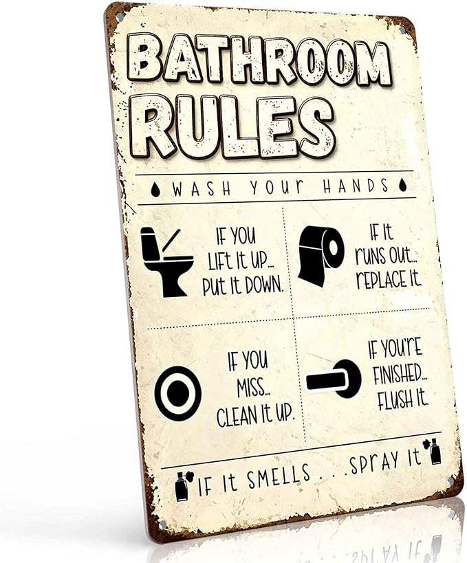 Funny 'Bathroom Rules' Metal Tin Sign – Vintage Wall Art for Bathroom Decor, 8x12 Inch