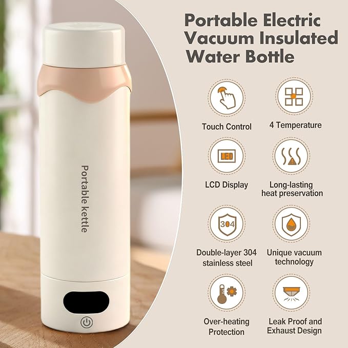 Portable Electric Kettle 16oz - Mini Travel Kettle Vacuum Insulation 304 Stainless Steel Small Water Boiler for Coffee, Tea - 4 Adjustable Temperature and Automatic Shut-off with Kettle Bag