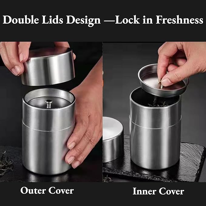 AUNMAS Tea Tin Canister, Stainless Steel Tea Coffee Sugar Storage Container with Airtight Double Lids for Loose Tea and Tea Bags, Kitchen Cup for Coffee Sugar Seasoning Storage (450ml)
