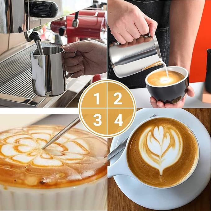 Milk Frothing Pitcher, 350ml (12oz) Milk Frother Cup Stainless Steel Jug Steaming Pitcher, Milk Coffee Cappuccino Latte Art Barista Steam Pitchers Milk Jug Cup with 2Pcs Decorating Pen
