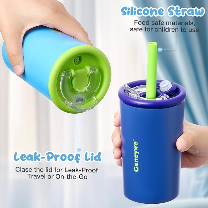 2 PACK Kids Double Walled Stainless Steel Cups with Straws and lids | 12 oz Spill-Proof Sippy Smoothie Tumbler Set, Small Kids Snack & Drink Water Cups, BPA-Free (Age: 3+ years old & up)