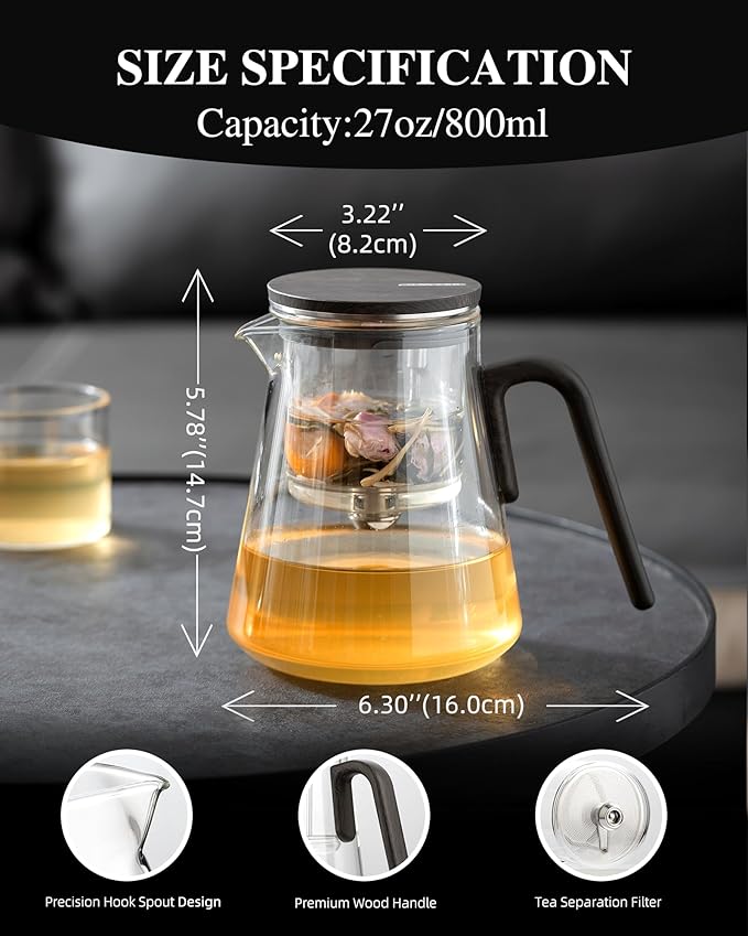ZENS Enchanted Tea Pot with Magnetic Lid, Magic Glass Teapot with Infuser for Loose Leaf Tea Steeper, Mess-Free Herbal Tea Maker, Tea Diffusers for Tea Lovers Ideal Gifts, 27oz/800ml